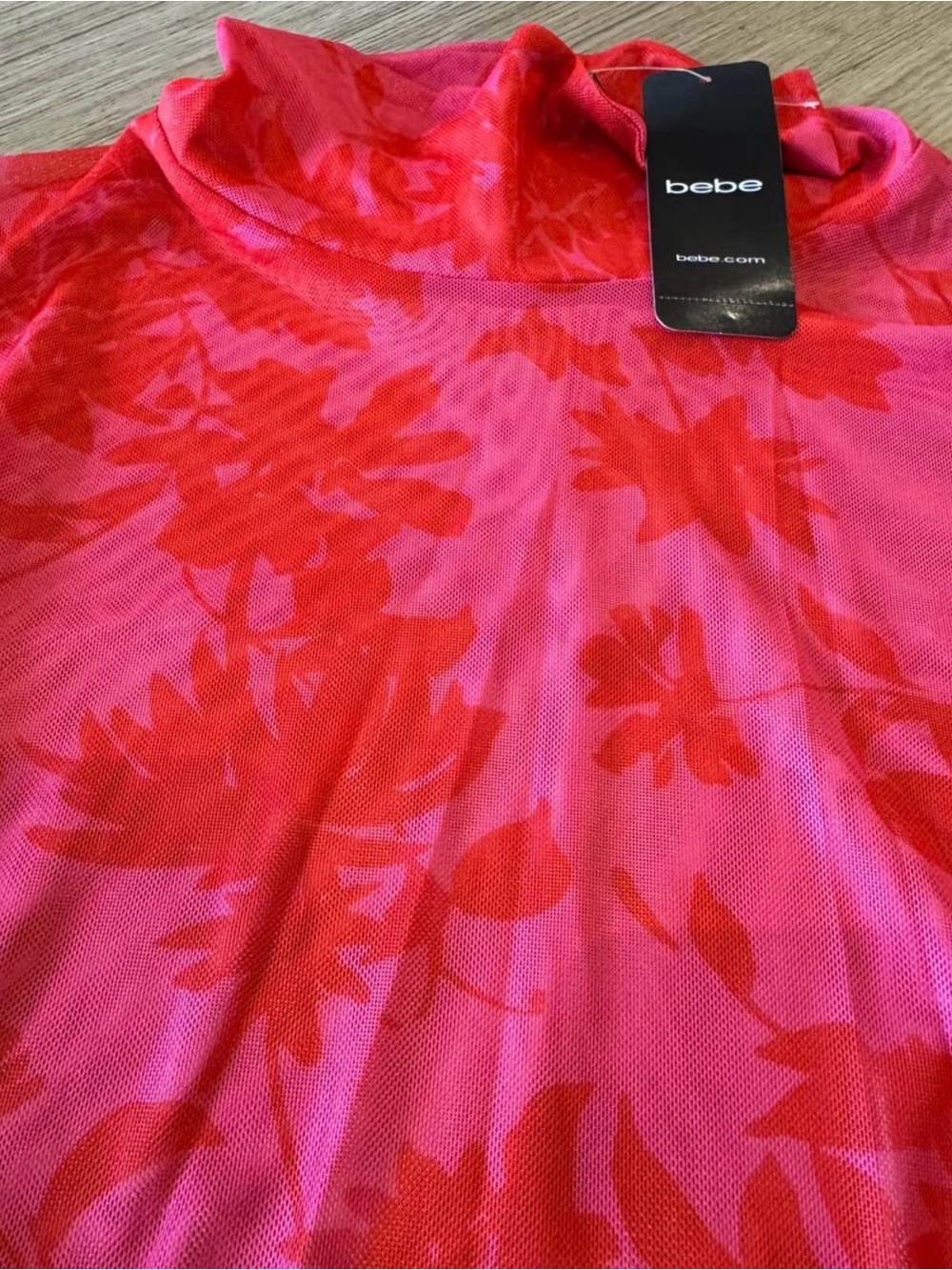 Bebe Red Floral Mesh Long-Sleeve Mock Neck Top - Picture 2 of 2